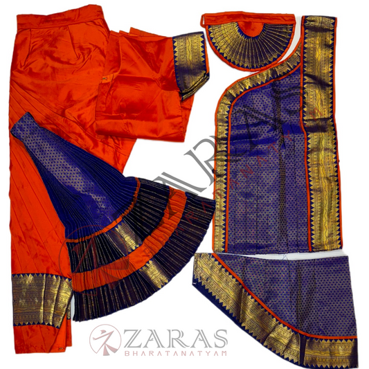 Bharatanatyam Dance Readymade Costume - Orange with Blue Brocade