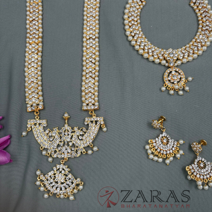 Bharatanatyam Dance Jewellery - V & Flower White Stone Full Set
