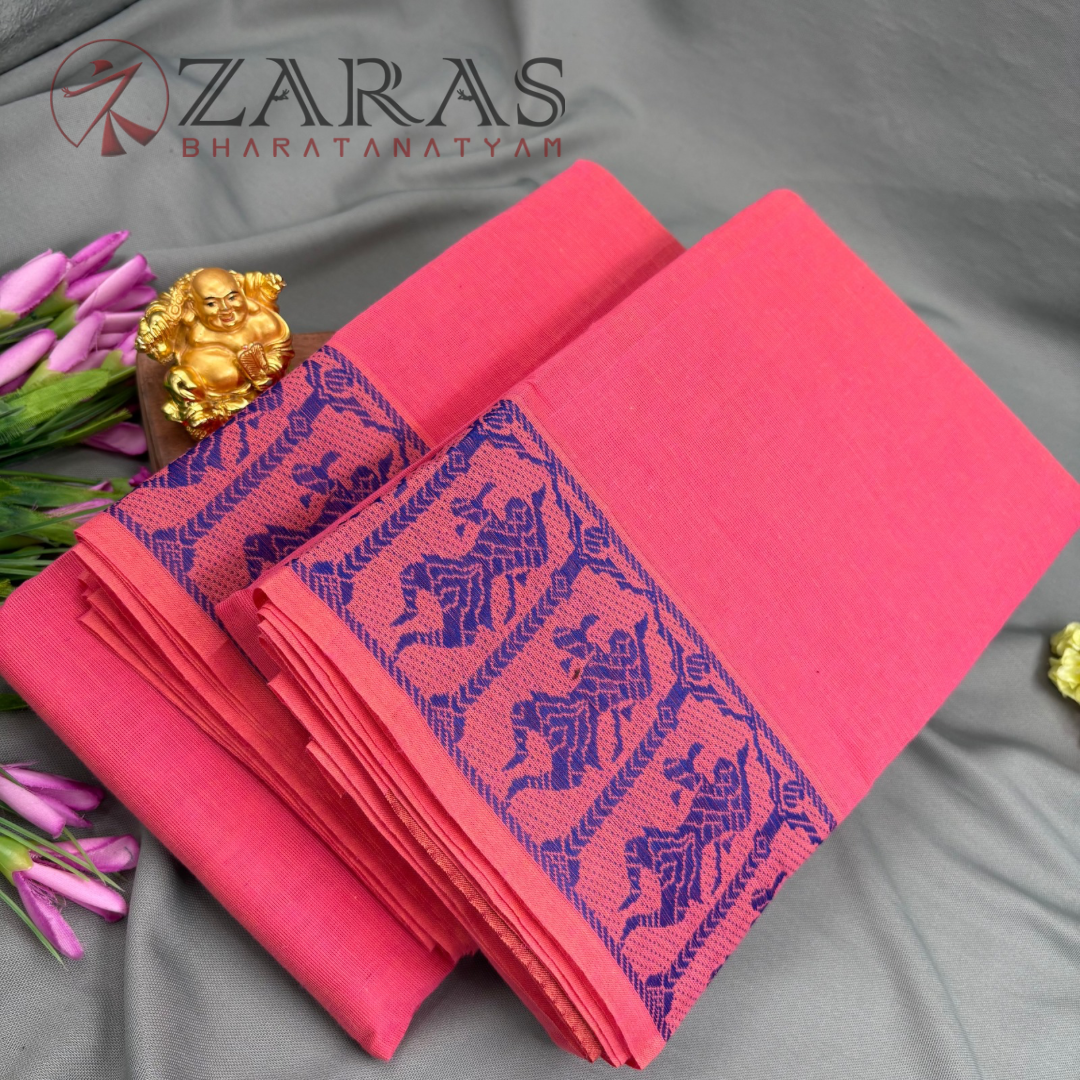 Bharatanatyam Dance Practice Saree - Peach Pink with Blue Doll Border