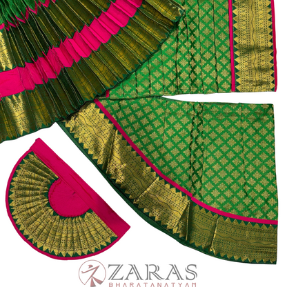 Bharatanatyam Dance Readymade Costume - Pink with Green Brocade Combination