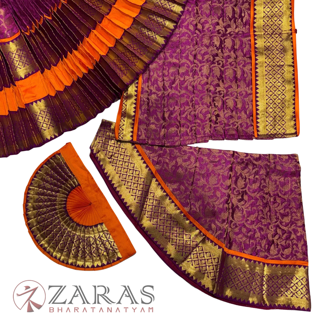 Bharatanatyam Dance Readymade Costume - Orange with Purple Brocade Combination