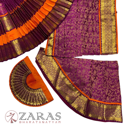 Bharatanatyam Dance Readymade Costume - Orange with Purple Brocade Combination