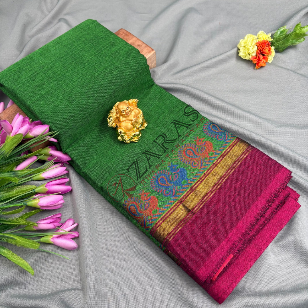 Bharatanatyam Dance Practice Saree - Green with Pink Small Peacock Border