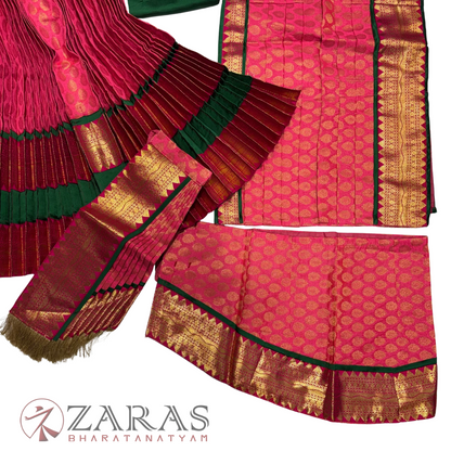 Kuchipudi Dance Readymade Costume - Dark Green with Peach Pink Brocade Combination