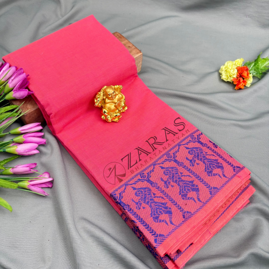 Bharatanatyam Dance Practice Saree - Peach Pink with Blue Doll Border