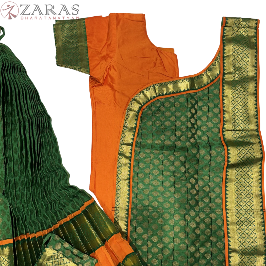 Kuchipudi Dance Readymade Costume - Orange with Green Brocade Combination