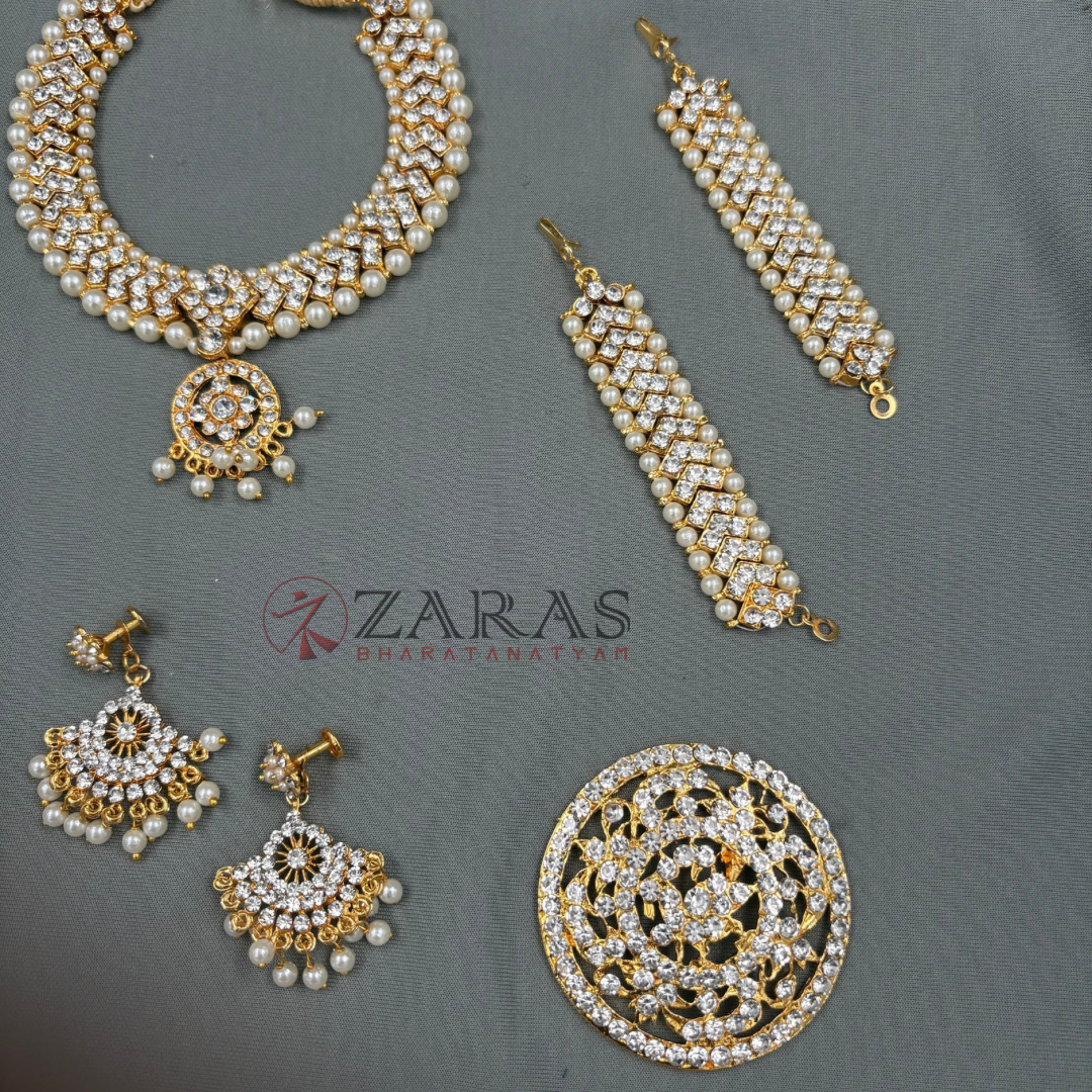 Bharatanatyam Dance Jewellery - V & Flower White Stone Full Set