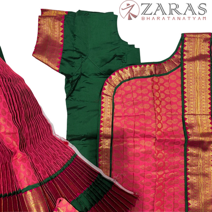 Kuchipudi Dance Readymade Costume - Dark Green with Peach Pink Brocade Combination