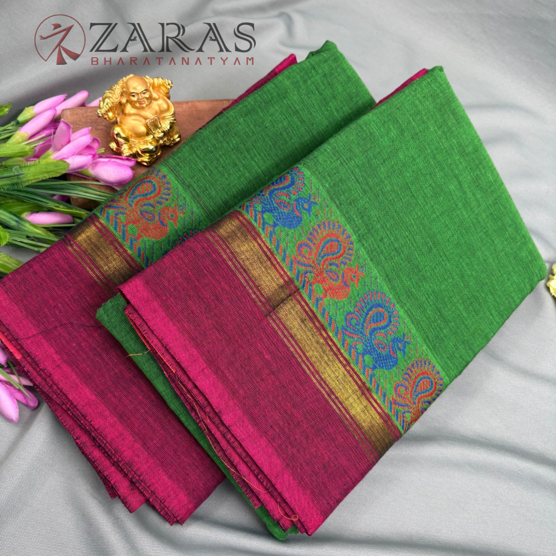 Bharatanatyam Dance Practice Saree - Green with Pink Small Peacock Border
