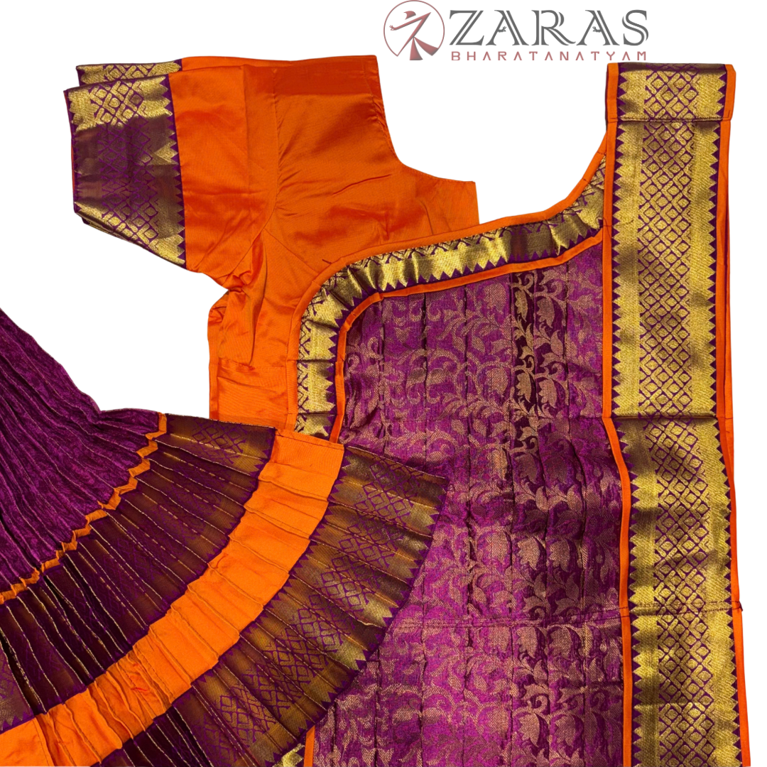 Bharatanatyam Dance Readymade Costume - Orange with Purple Brocade Combination