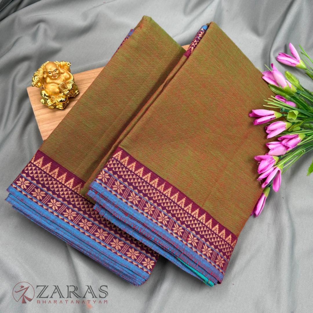 Bharatanatyam Dance Practice Saree - Olive Green with Blue Temple Border (6 meter)
