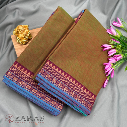 Bharatanatyam Dance Practice Saree - Olive Green with Blue Temple Border (6 meter)