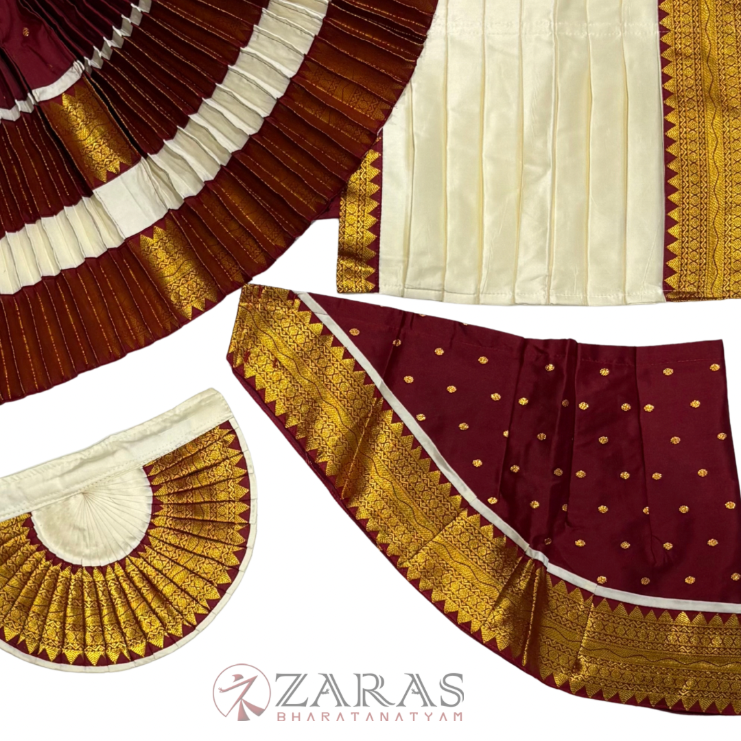 Bharatanatyam Dance Readymade Costume - Half White with Maroon Dot
