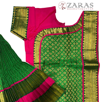 Bharatanatyam Dance Readymade Costume - Pink with Green Brocade Combination