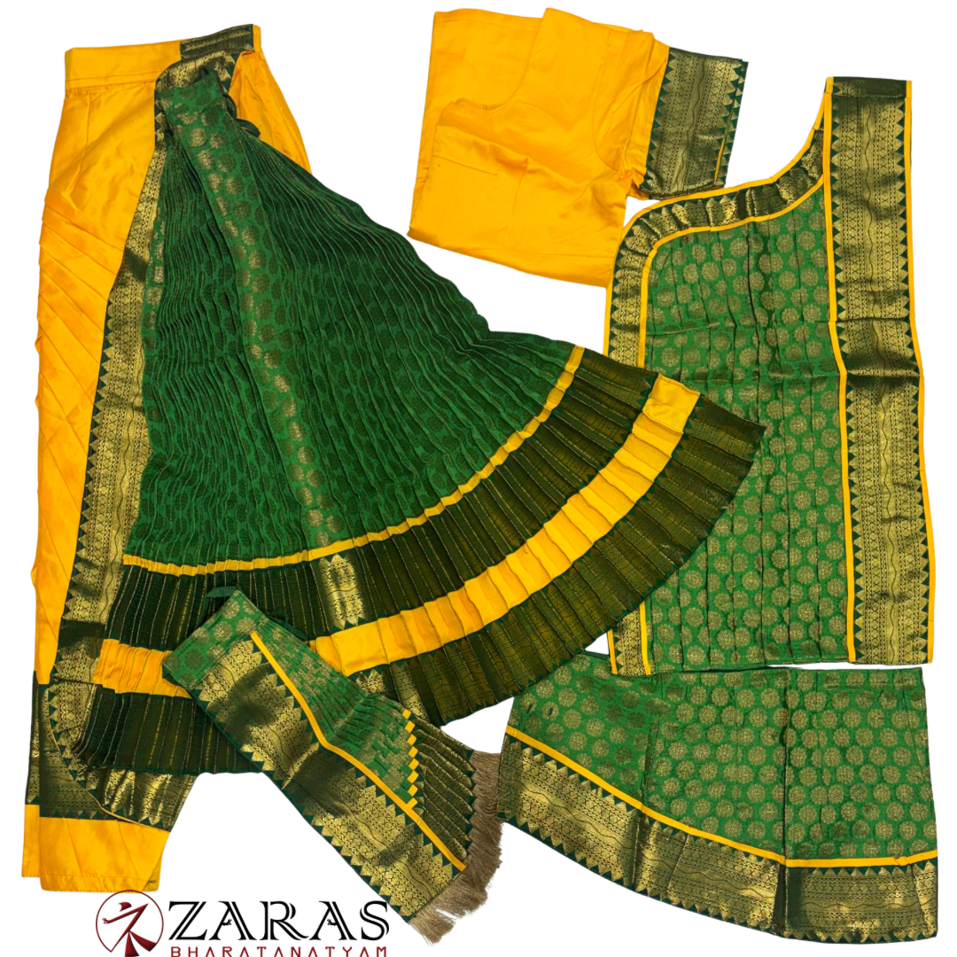 Kuchipudi Dance Readymade Costume - Yellow with Green Brocade Combination