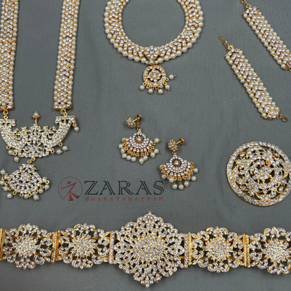 Bharatanatyam Dance Jewellery - V & Flower White Stone Full Set