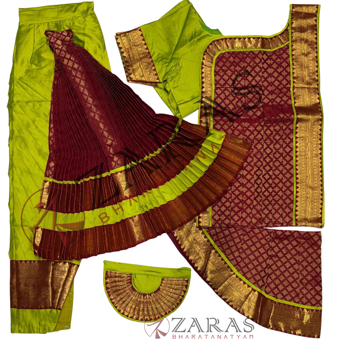 Bharatanatyam Dance Readymade Costume - Y Green with Maroon Brocade Combination