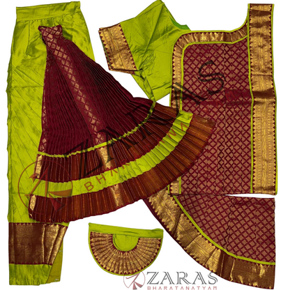 Bharatanatyam Dance Readymade Costume - Y Green with Maroon Brocade Combination