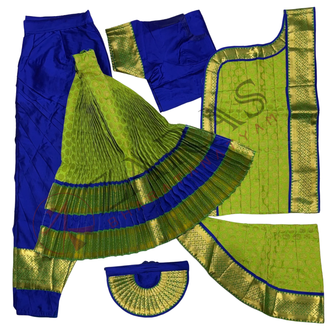 Bharatanatyam Dance Readymade Costume - Blue with Light Green Brocade