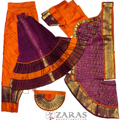 Bharatanatyam Dance Readymade Costume - Orange with Purple Brocade Combination