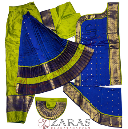 Bharatanatyam Dance Readymade Costume - Y Green with Blue Dot Combination