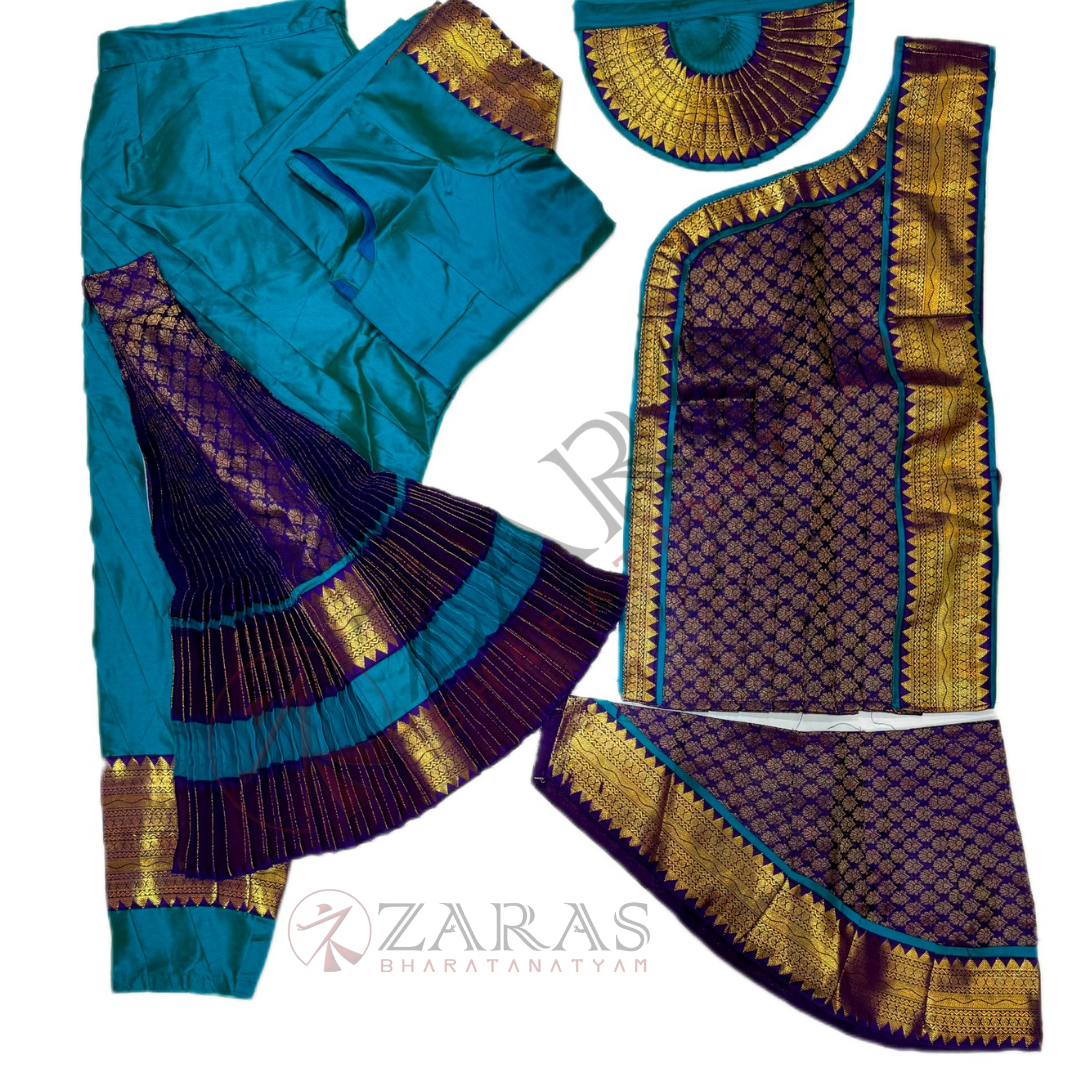 Bharatanatyam Dance Readymade Costume - Turquoise Blue with Violet Brocade