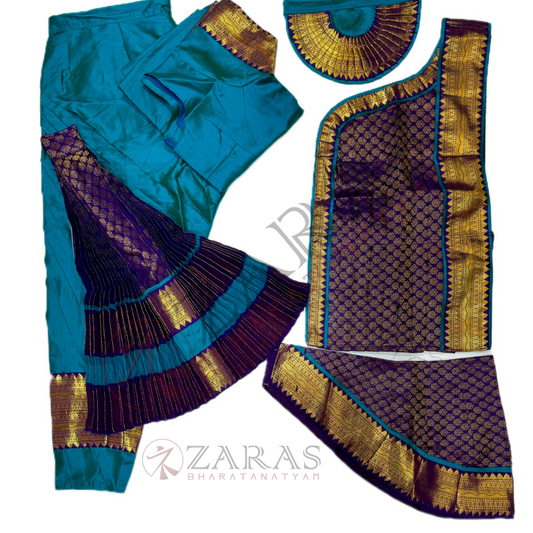 Bharatanatyam Dance Readymade Costume - Turquoise Blue with Violet Brocade