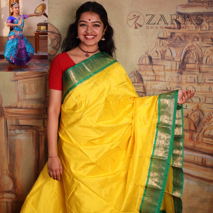 Dharmavaram Pure Pattu (Silk) Saree + Costume Stitching Readymade (L Yellow with Green)