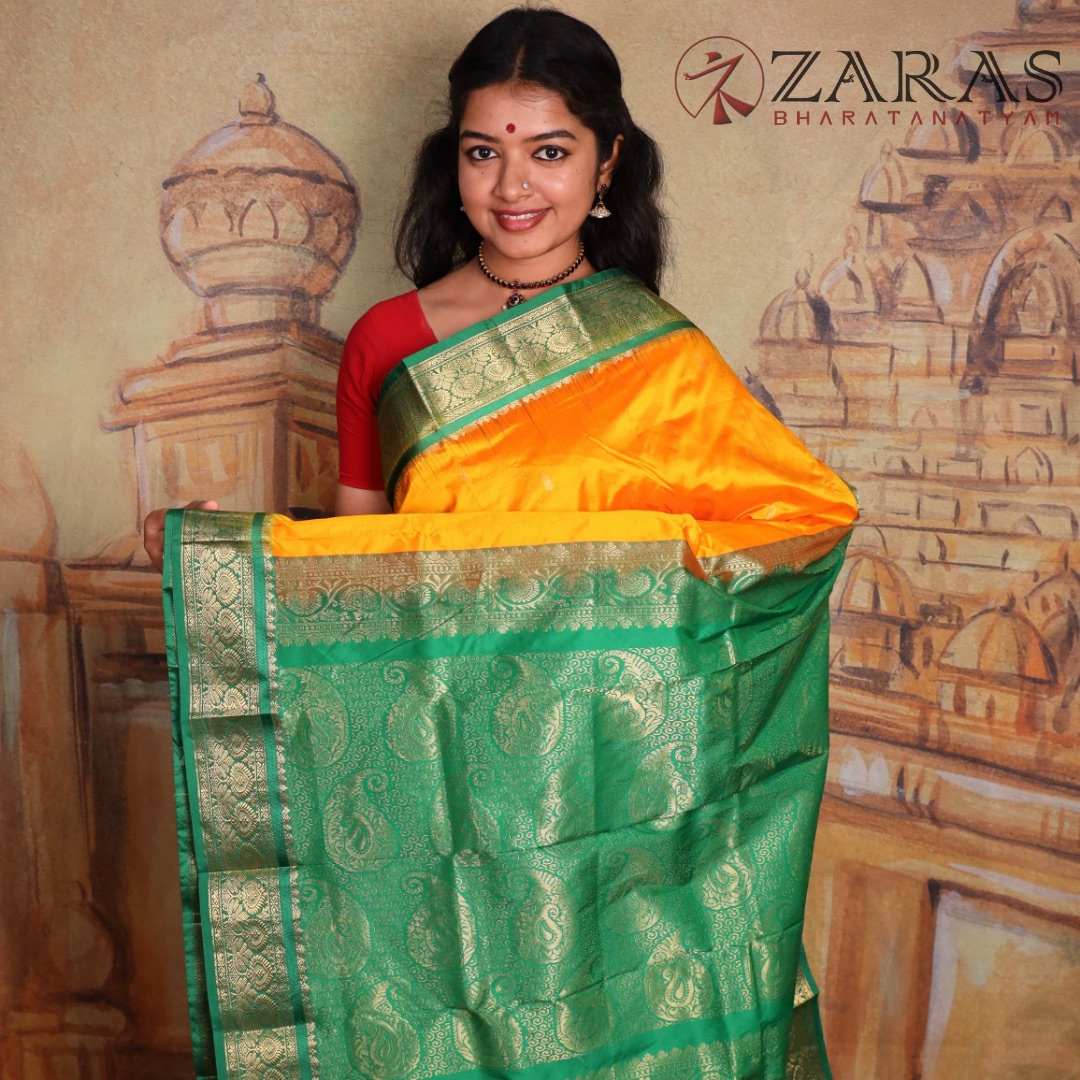 Dharmavaram Pure Pattu (Silk) Saree + Costume Stitching Readymade  (M Yellow with Green)