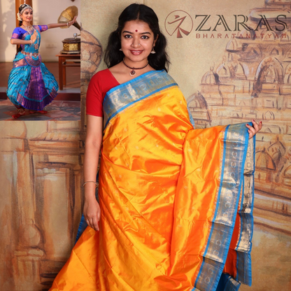 Dharmavaram Pure Pattu (Silk) Saree + Costume Stitching Readymade (Mango Yellow with L Blue)