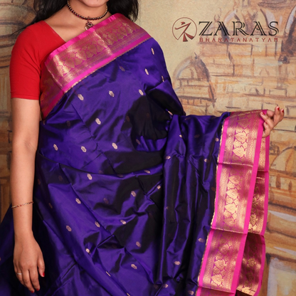 Dharmavaram Pure Pattu (Silk) Saree + Costume Stitching Readymade (D Blue with Pink)