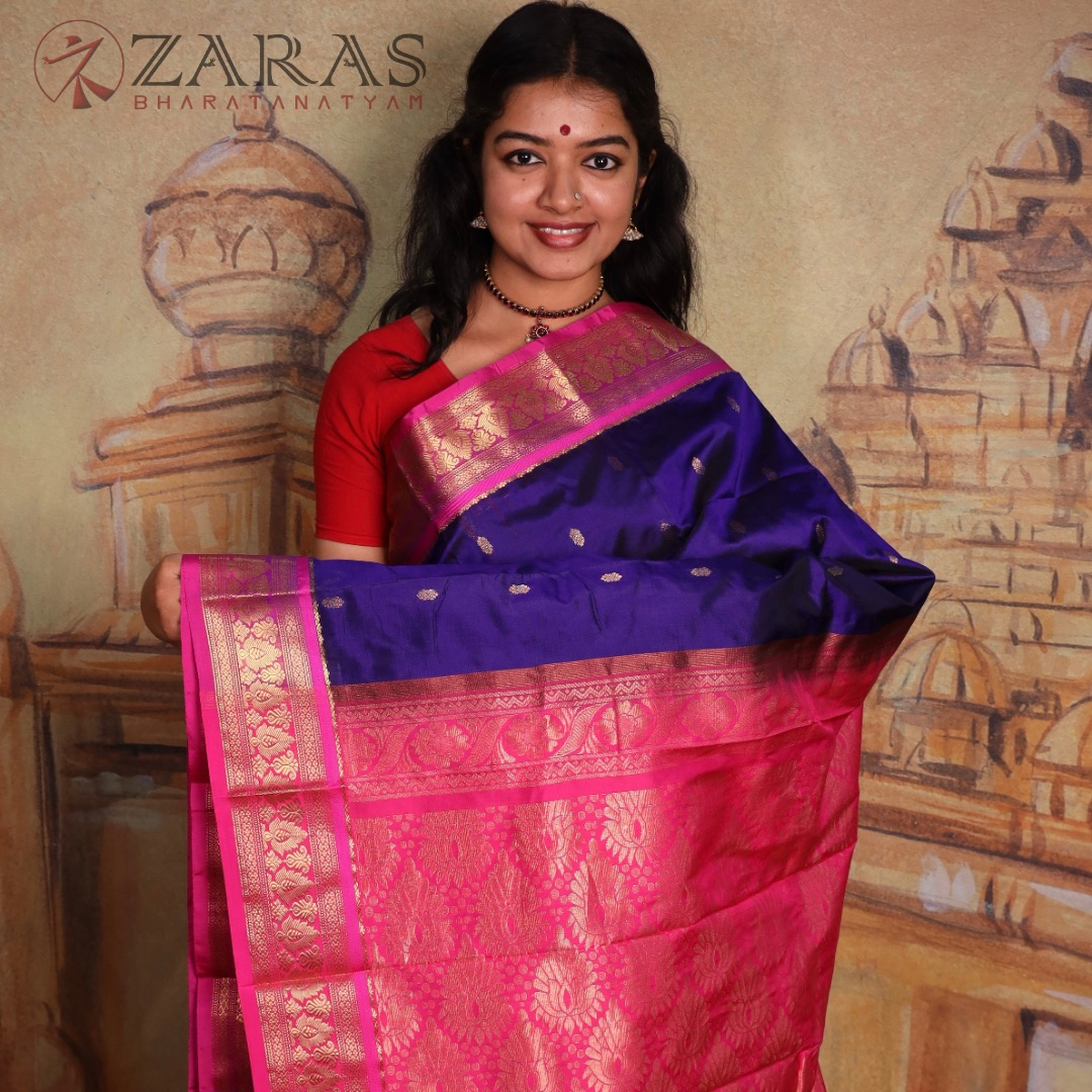 Dharmavaram Pure Pattu (Silk) Saree + Costume Stitching Readymade (D Blue with Pink)