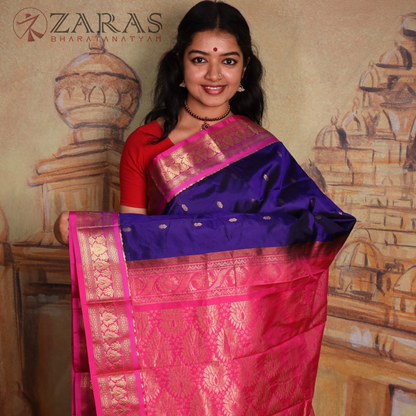 Dharmavaram Pure Pattu (Silk) Saree + Costume Stitching Readymade (D Blue with Pink)