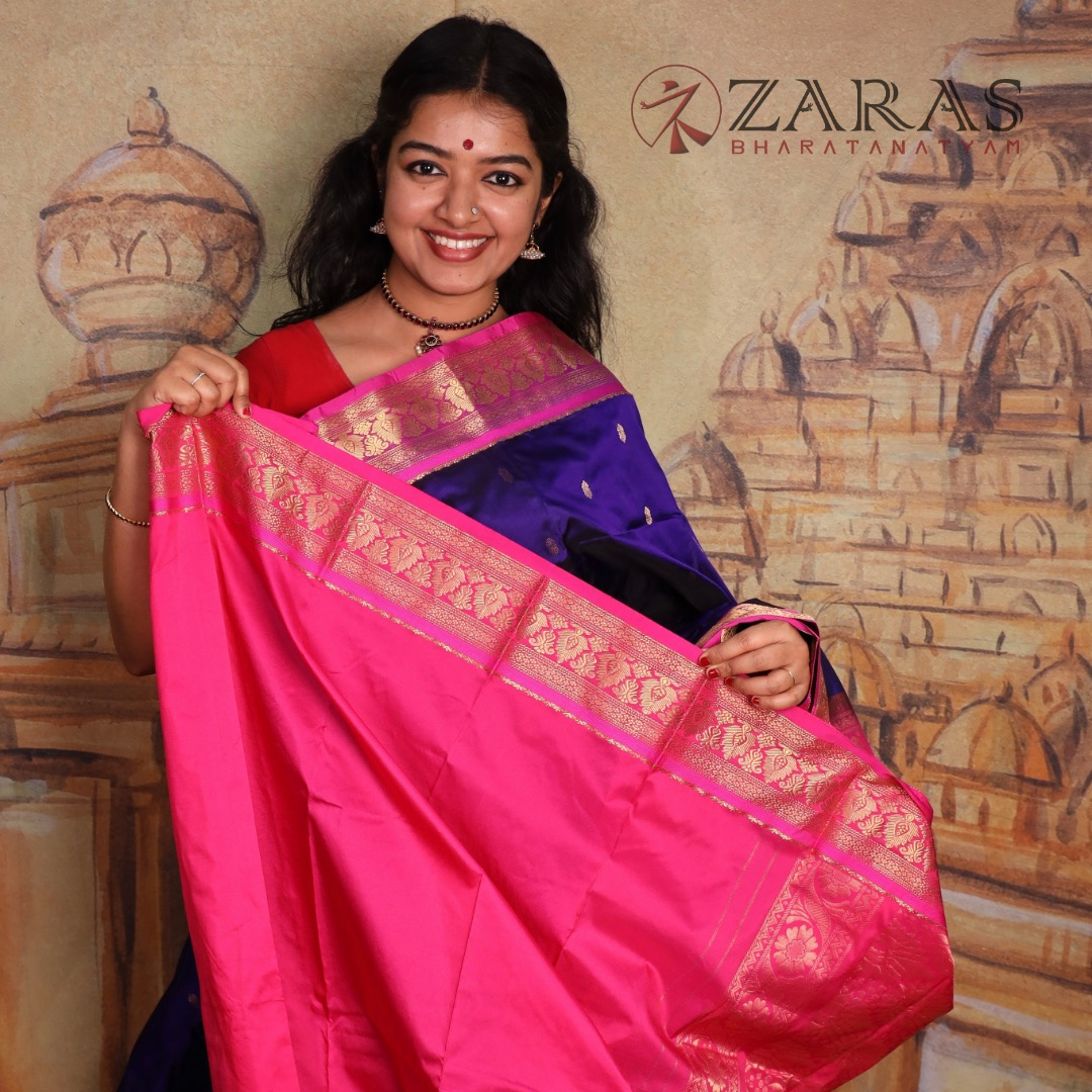 Dharmavaram Pure Pattu (Silk) Saree + Costume Stitching Readymade (D Blue with Pink)