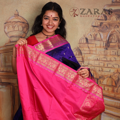 Dharmavaram Pure Pattu (Silk) Saree + Costume Stitching Readymade (D Blue with Pink)