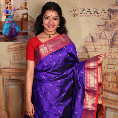 Dharmavaram Pure Pattu (Silk) Saree + Costume Stitching Readymade (V Blue with Red)