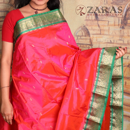 Dharmavaram Pure Pattu (Silk) Saree + Costume Stitching Readymade (Peach pink with Green)