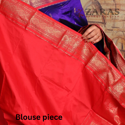 Dharmavaram Pure Pattu (Silk) Saree + Costume Stitching Readymade (V Blue with Red)