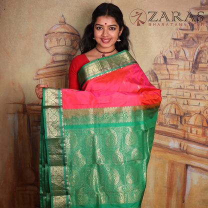 Dharmavaram Pure Pattu (Silk) Saree + Costume Stitching Readymade (Peach pink with Green)