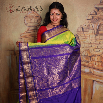 Dharmavaram Pure Pattu (Silk) Saree + Costume Stitching Readymade (Li Green with V Blue)