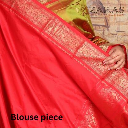 Dharmavaram Pure Pattu (Silk) Saree + Costume Stitching Readymade (D Mehndi Green with Red)