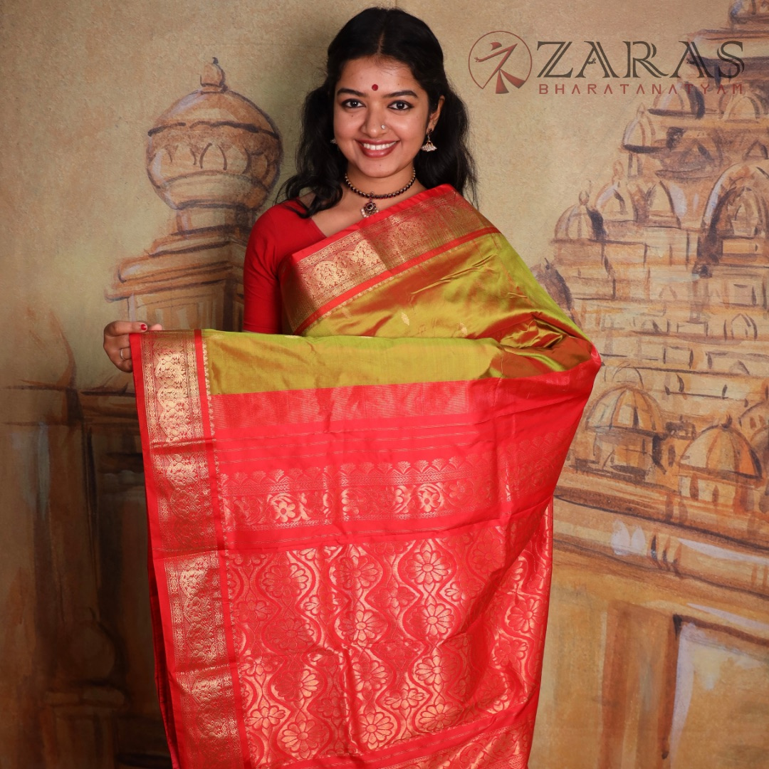 Dharmavaram Pure Pattu (Silk) Saree + Costume Stitching Readymade (D Mehndi Green with Red)