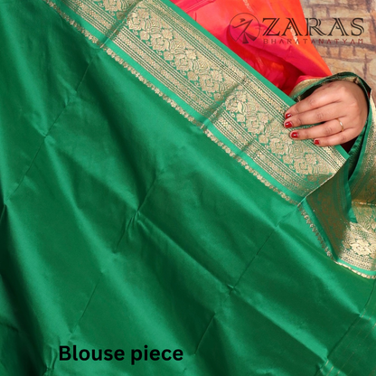 Dharmavaram Pure Pattu (Silk) Saree + Costume Stitching Readymade (Peach Pink with Green)