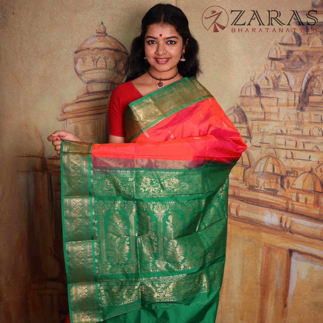 Dharmavaram Pure Pattu (Silk) Saree + Costume Stitching Readymade (Peach Pink with Green)