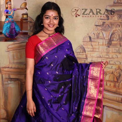 Dharmavaram Pure Pattu (Silk) Saree + Costume Stitching Readymade (D Blue with Pink)