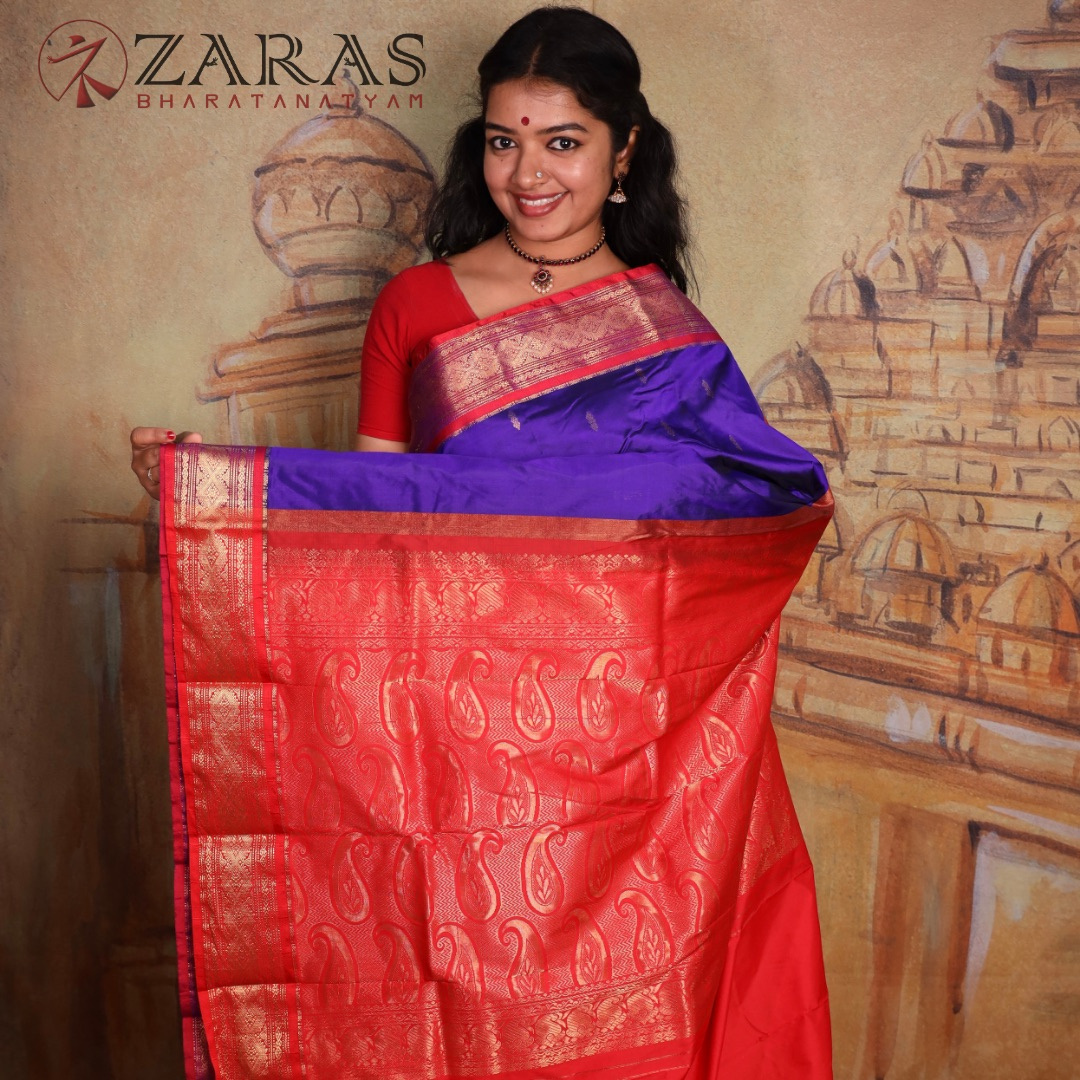 Dharmavaram Pure Pattu (Silk) Saree + Costume Stitching Readymade (V Blue with Red)