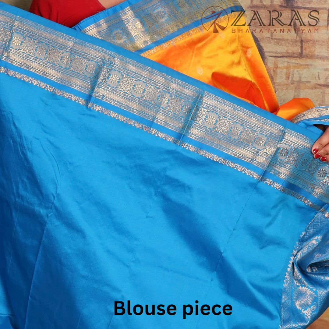 Dharmavaram Pure Pattu (Silk) Saree + Costume Stitching Readymade (Mango Yellow with L Blue)