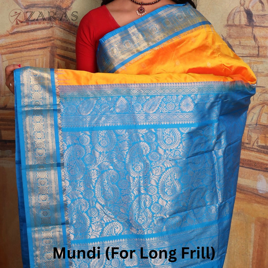 Dharmavaram Pure Pattu (Silk) Saree + Costume Stitching Readymade (Mango Yellow with L Blue)