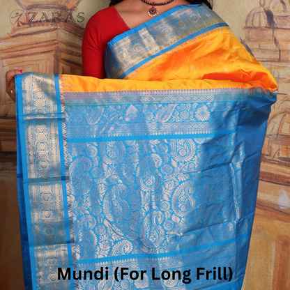 Dharmavaram Pure Pattu (Silk) Saree + Costume Stitching Readymade (Mango Yellow with L Blue)