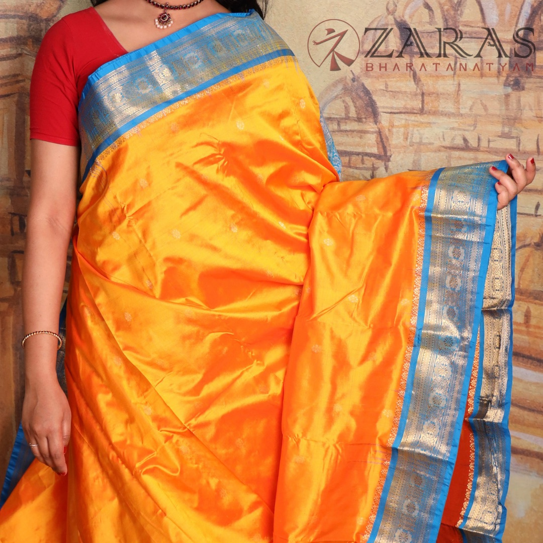 Dharmavaram Pure Pattu (Silk) Saree + Costume Stitching Readymade (Mango Yellow with L Blue)